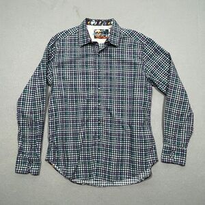 Robert Graham Shirt Men Large Blue Check Button Up Skull Flip Cuff Casual